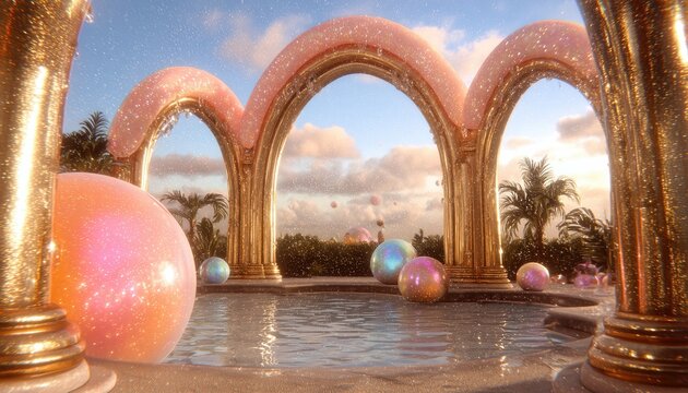 Golden rainbow arch rising from sparkling sea with floating bubbles and pastel clouds