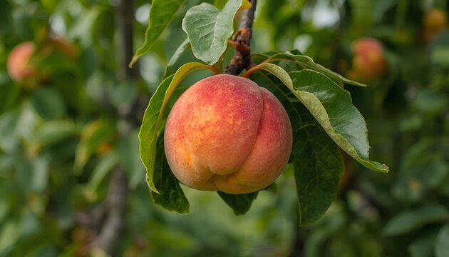 Ripe Peach Growing on a Branch in a Sunny Orchard, Fresh Juicy Stone Fruit Ready for Harvest, Organic Farm Produce and Summer Agriculture