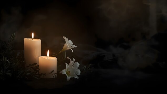 Memorial concept with burning candles and white lily flowers in the dark with smoke