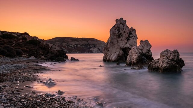 Sea Stacks at Sunset on a Long Exposure Rocky Mediterranean Coastline