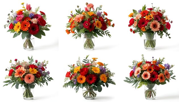 Vibrant Floral Arrangements in Clear Glass Vases Isolated on Transparent Background, Colorful Photorealistic Flowers and Lush Botanical Bouquets for Design
