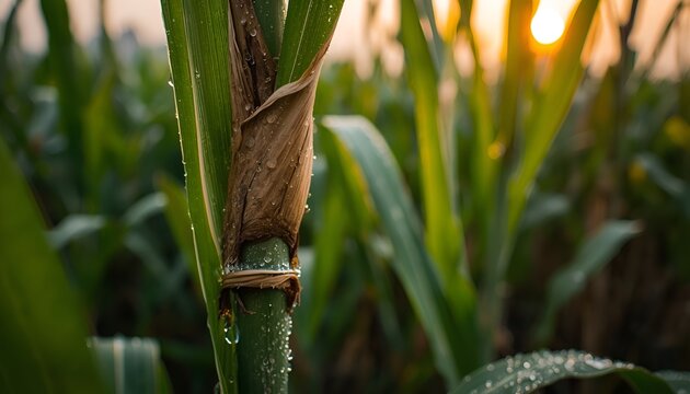 Close Up of Fresh Sugarcane Stalk with Dew Drops and Green Leaves at Sunrise in Agricultural Field, Vibrant Natural Growth, Tropical Crop and Sustainable Farming