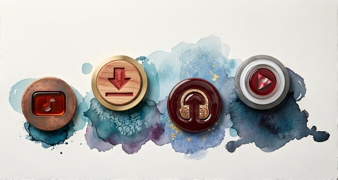 Artistic handmade media and music application icons on watercolor background with golden accents