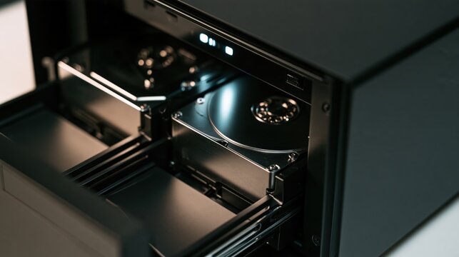Compact NAS server interior with exposed hard disk drives inside black enclosure