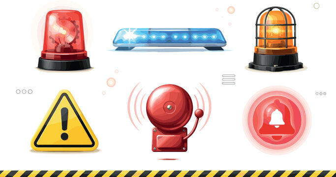 Emergency Warning Alert and Siren Icon Set Featuring Flashing Red Beacon Blue Police Light Bar Amber Industrial Strobe Fire Bell and Triangle Danger Sign