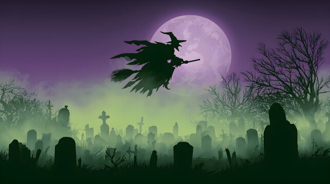 Halloween wallpaper, witch flying across a full moon in a misty graveyard, dark and haunting feel, purple and green color palette, comic book horror style, soft eerie fog effect