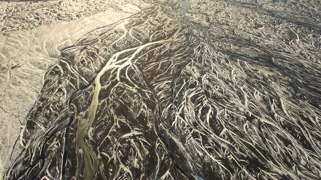 Aerial view of braided river system in Iceland.