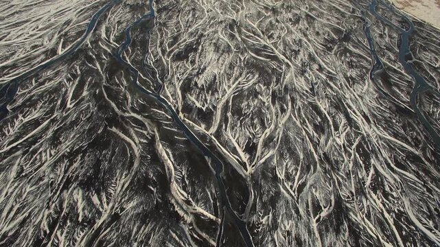 Aerial view of braided river channels in Iceland.