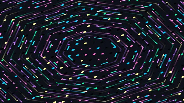 Abstract neon octagonal tunnel with glowing dots