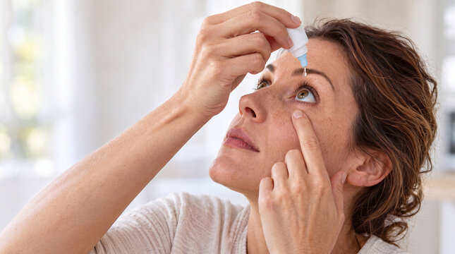 Close-Up of a Woman Applying Eye Drops in Soft Natural Light