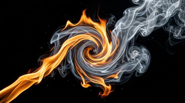 A dynamic spiral of fire and smoke against a black backdrop, conveying energy and motion.