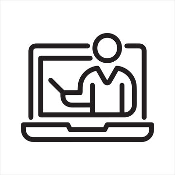 Online group workshop, web webinar, video training meeting, speaker outline icon. Line sign laptop with web conference. Vector isolated pictogram for web and app on white background editable stroke.