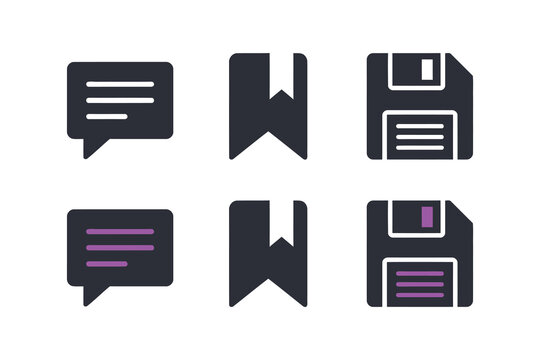 Message chat bubble, bookmark ribbon and floppy disk icons in dark blue.