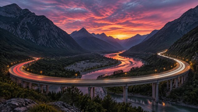 Stunning sunset over a winding mountain highway bridge with light trails from moving traffic, featuring a river valley and dramatic colorful sky in the alps