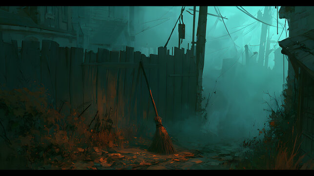 Halloween wallpaper, witch's broom leaning against a fence in a shadowy back alley, soft eerie green mist, rustic burnt orange and black palette, digital painting style, soft eerie fog effect
