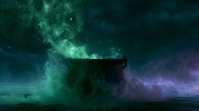 Halloween wallpaper, witch's cauldron bubbling with green smoke under a stormy night sky, dark and haunting feel, classic Halloween orange black purple palette, dark fantasy art style, high resolution