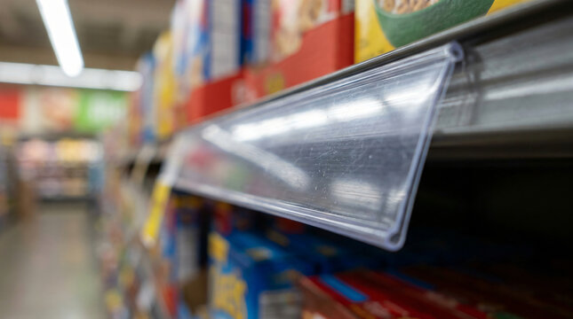 clear acrylic shelf talker for retail displays | plastic price tag holder on grocery store shelves | blank supermarket shelf edge signage strip | retail visual merchandising tools