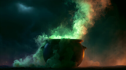 Obraz premium Halloween wallpaper, witch's cauldron bubbling with green smoke under a stormy night sky, dark and haunting feel, classic Halloween orange black purple palette, dark fantasy art style, high resolution