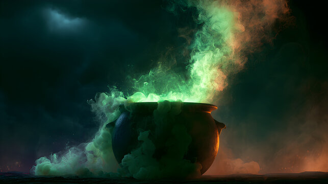 Halloween wallpaper, witch's cauldron bubbling with green smoke under a stormy night sky, dark and haunting feel, classic Halloween orange black purple palette, dark fantasy art style, high resolution