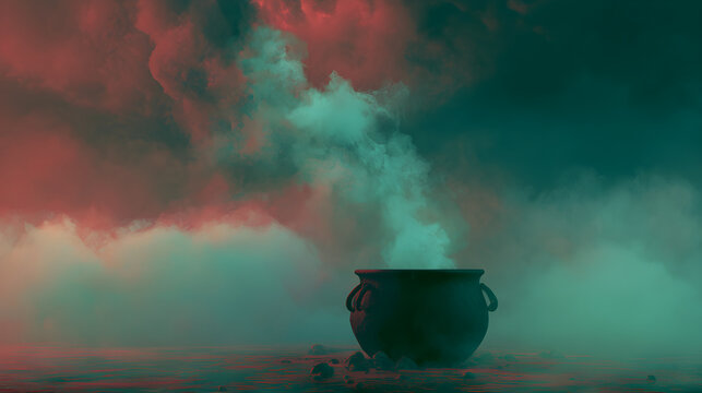 Halloween wallpaper, witch's cauldron bubbling with green smoke under a stormy night sky, soft eerie green mist, blood red and charcoal palette, high-detail fantasy art style, high resolution
