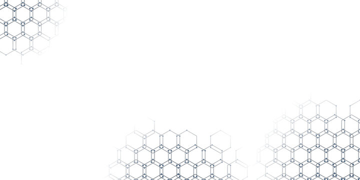 A white background with subtle hexagonal molecular patterns in the corners, suggesting a clean and modern scientific or technological theme.