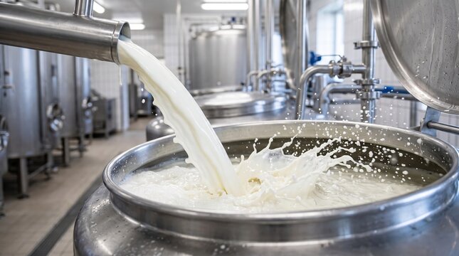 Creamy milk pouring into large stainless steel vat in modern dairy processing facility