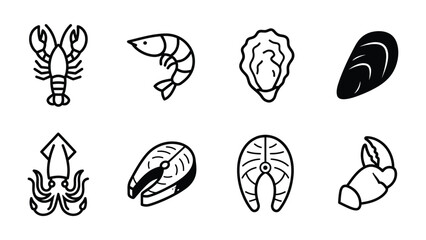 Obraz premium Seafood Collection Icons: A set of clean, minimalist line art icons depicting various popular seafood items, including lobster, shrimp, oyster, mussel, squid, and fish steaks.