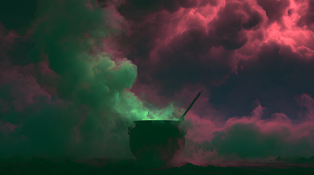 Halloween wallpaper, witch's cauldron bubbling with green smoke under a stormy night sky, soft eerie green mist, blood red and charcoal palette, high-detail fantasy art style, high resolution
