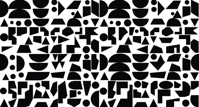 Abstract geometric shape grid pattern, black white circles triangles squares rectangles trapezoids polygons visual rhythm design art illustration