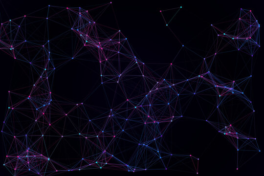 Abstract dark purple background with neon pink digital network connections plexus lines and communication tech nodes