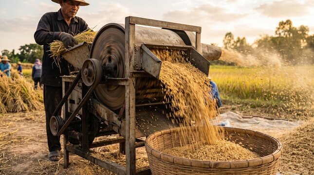 Farmer manually threshing golden grain in rural agricultural field at sunset