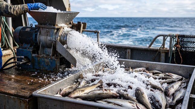 Freshly caught fish being processed on a commercial fishing vessel at sea