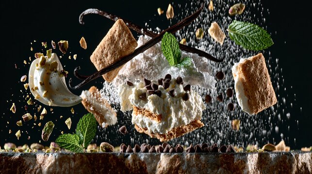 An ingredient explosion composition featuring a cannoli icebox cake recipe with ricotta cream, mascarpone, crisp cookies, vanilla beans, powdered sugar, mini chocolate chips, chopped pistachios