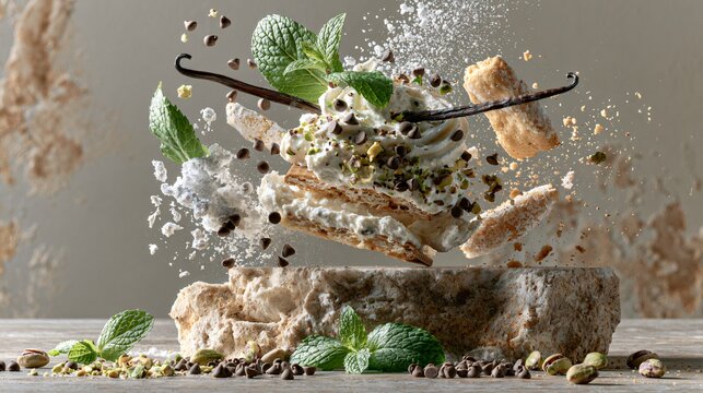 An ingredient explosion composition featuring a cannoli icebox cake recipe with ricotta cream, mascarpone, crisp cookies, vanilla beans, powdered sugar, mini chocolate chips, chopped pistachios