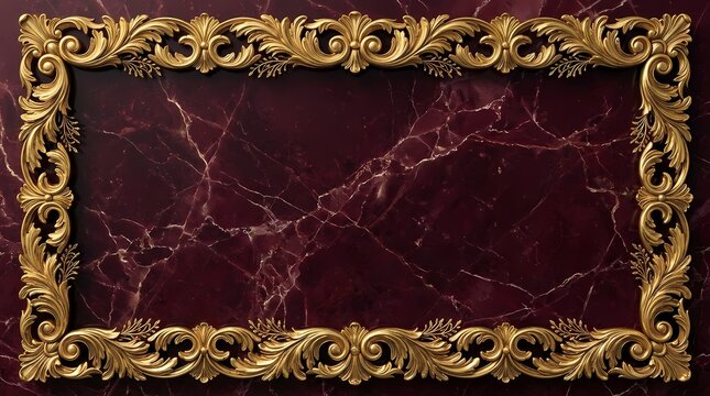 Ornate Gold Baroque Frame, Decorative Vintage Border, Antique Rococo Embellishment, Elegant Luxury Design Element, Rich Red Marble Background