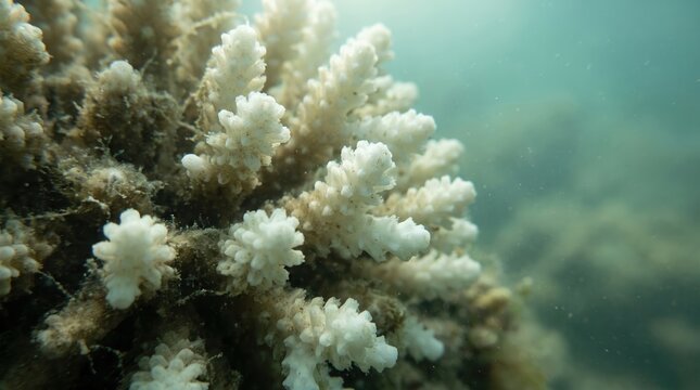 Underwater coral reef with delicate white branching structures in clear water
