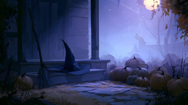 Halloween wallpaper, witch's hat and broomstick on a porch step in a spooky pumpkin patch, deep autumn night chill, shadowy violet and black palette, gothic illustration style, soft eerie fog effect