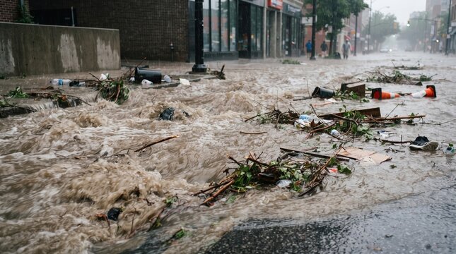 Flooded urban street with debris and damaged property after heavy storm