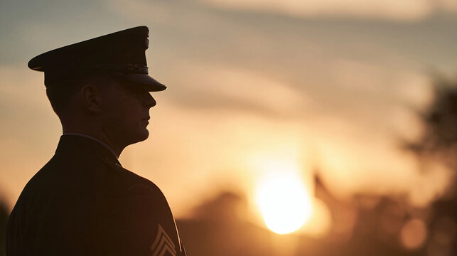 Faceless, medium close-up of a service member in a precisely tailored dress uniform, seen from a 3/4 back view, looking towards a bright, soft light source that symbolizes hope and