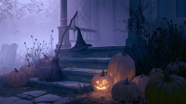 Halloween wallpaper, witch's hat and broomstick on a porch step in a spooky pumpkin patch, deep autumn night chill, shadowy violet and black palette, gothic illustration style, soft eerie fog effect