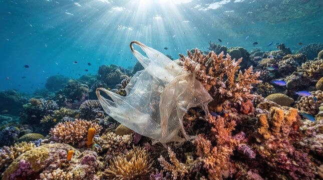 Underwater scene with plastic bag floating near coral reef and marine life