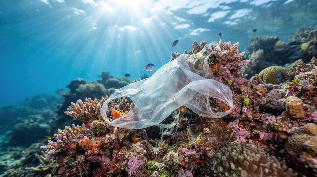Plastic bag floating amid vibrant coral reef underwater ecosystem