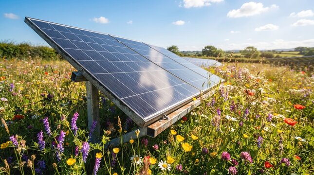 Solar panel array surrounded by vibrant wildflowers in sunny meadow landscape