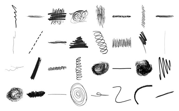 Black ink brush strokes and pencil scribble texture overlay PNG on transparent background
