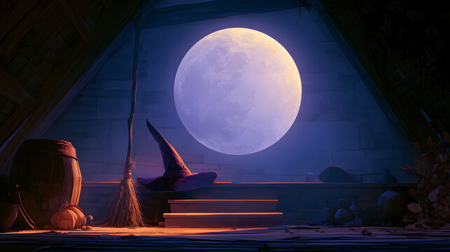 Halloween wallpaper, witch's hat and broomstick on a porch step in a creepy old attic, spooky moonlit glow