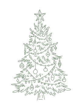 Hand drawn christmas tree sketch with ornaments and star topper, festive holiday line art illustration