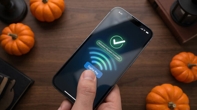 Hand holding a smartphone showing a successful contactless digital payment on screen with orange pumpkins on a wooden table during Halloween season