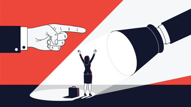 Professional woman standing in a bright spotlight while a giant pointing finger accuses her of a mistake or holds her accountable in public.