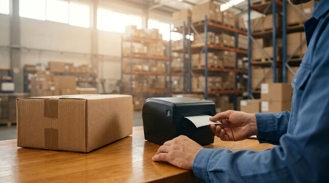 Thermal label printer for shipping | E-commerce warehouse logistics operation | Worker printing barcode labels in distribution center | Professional package delivery services