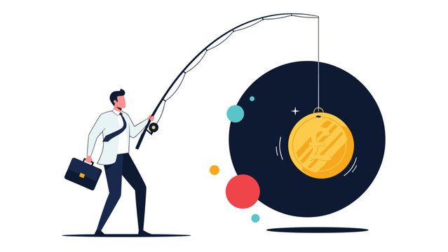 Professional businessman using a fishing rod to catch a large gold pound sterling coin to represent success in investment and profit.